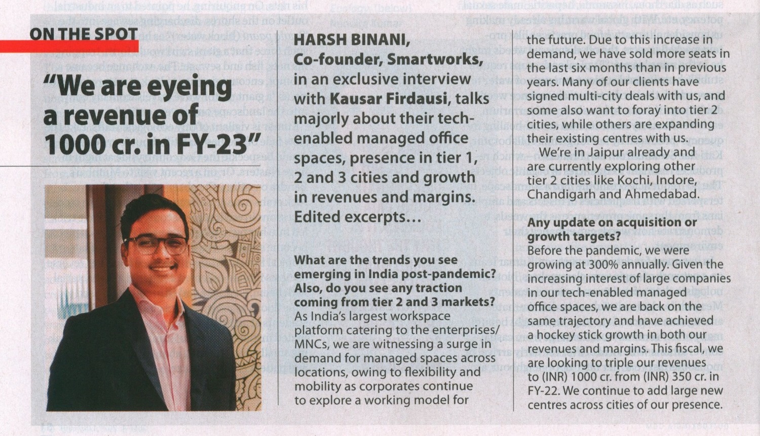 "We are eyeing a revenue of 1000 cr. in FY-23" - Harsh Binani, Co-founder- Smartworks